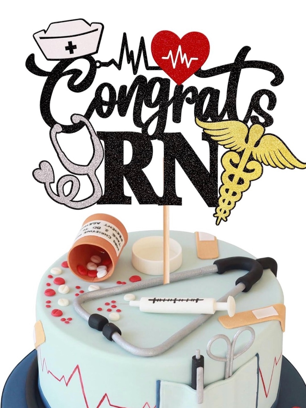 Congrats RN Cake Topper Decor - Black, Red, Gold